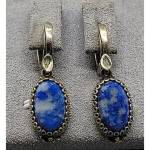 Lapis Lazuli Dangling Snap Earrrings for Pierced Ears Mixed Metal Setting